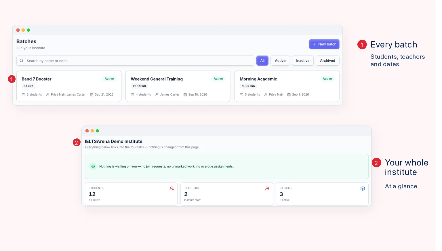 IELTSArena owner dashboard showing every student and batch