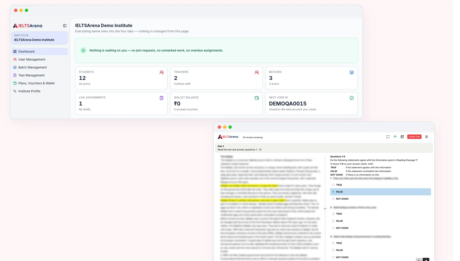 IELTS software for institutes: the IELTSArena dashboard beside a computer-based IELTS Reading test